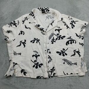 Paper Heart Top Womens Large White Linen Blend Button Up Short Sleeve Preppy